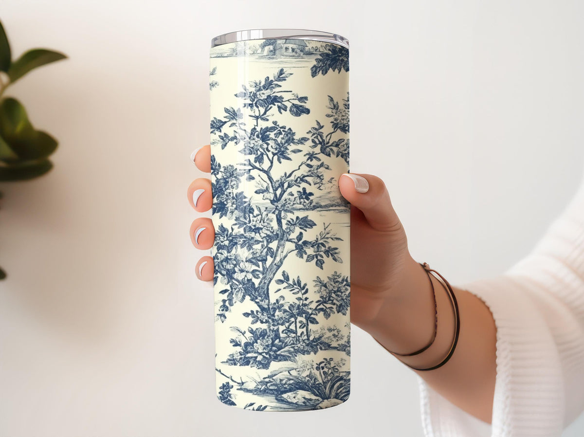 French Country Toile Insulated Tumbler, Vintage Toile De Jouy Print Stainless Steel Tumbler