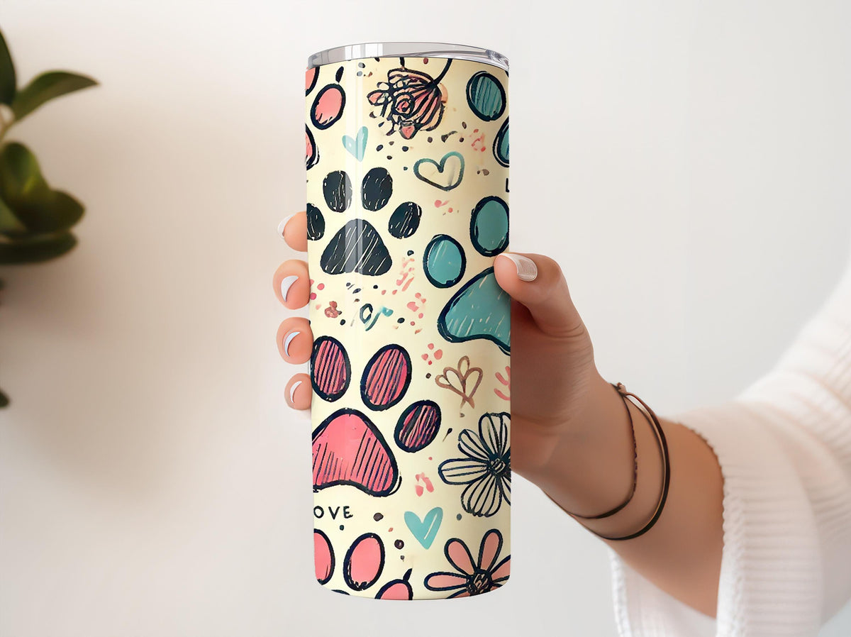 Cute Paw Print Tumbler With Straw, Hand Drawn Paw And Heart Design Insulated Tumbler