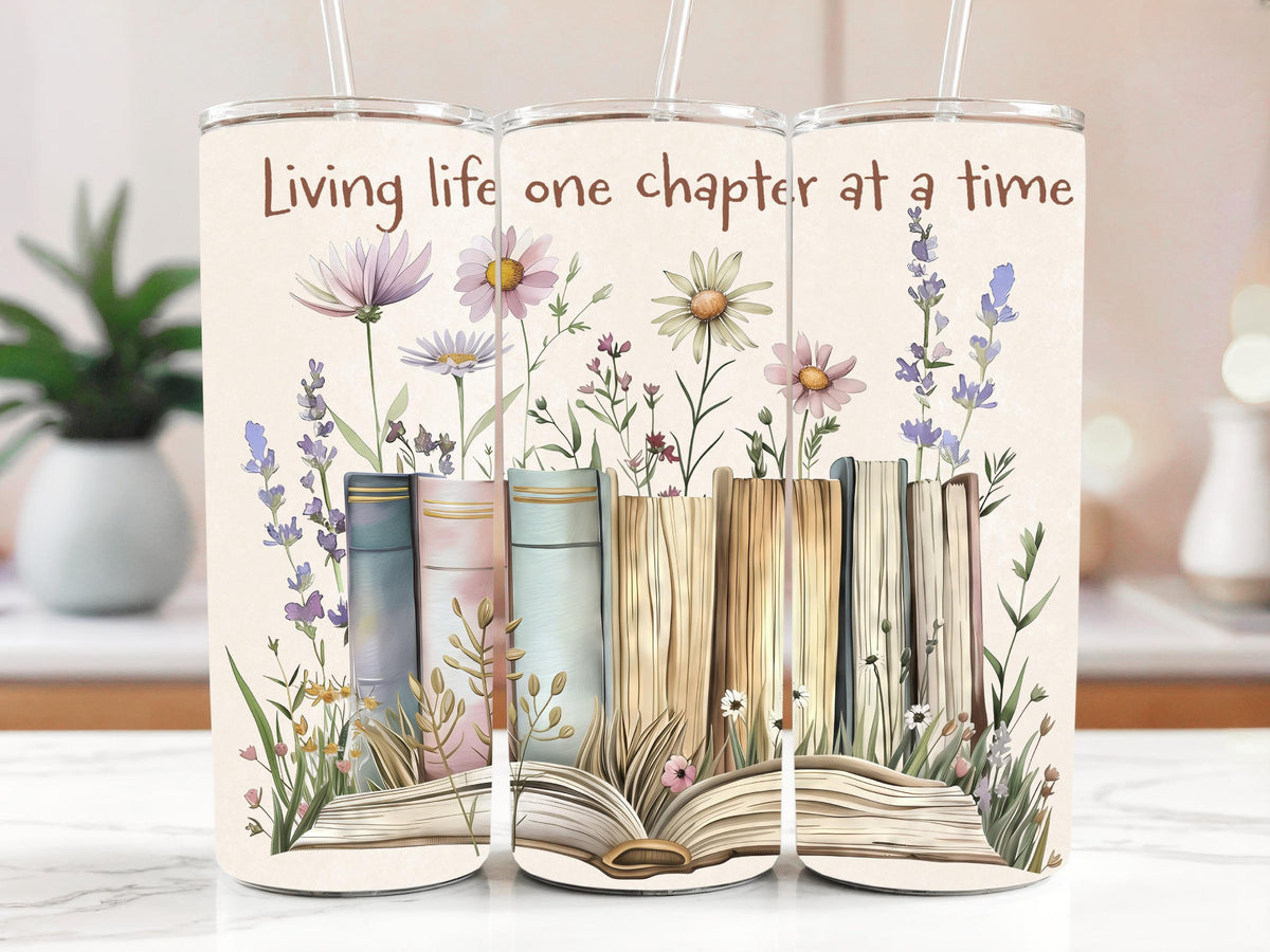Living Life One Chapter At A Time Tumbler With Straw, Floral Bookshelf Theme Insulated Tumbler