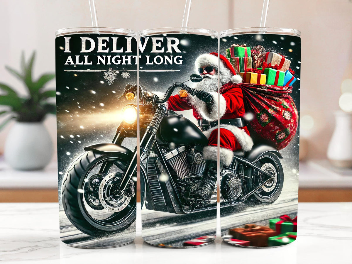 I Deliver All Night Long Tumbler With Straw, Santa Riding Motorcycle Stainless Steel Tumbler
