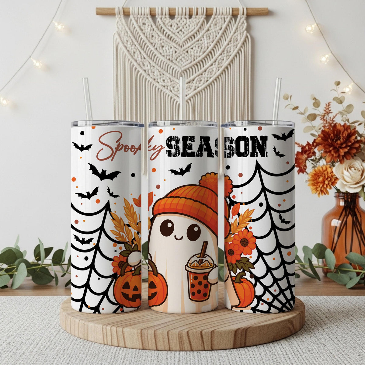 Spooky Season Spider Webs & Cute Ghost Tumbler, Kids Halloween Trip Steel Water Bottle
