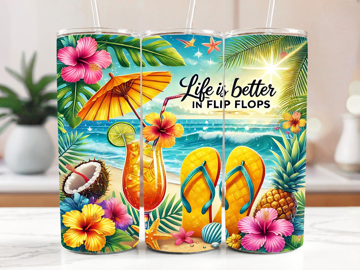 Life Is Better In Flip Flops Tumbler With Straw, Colorful Summer Vacation Insulated Tumbler