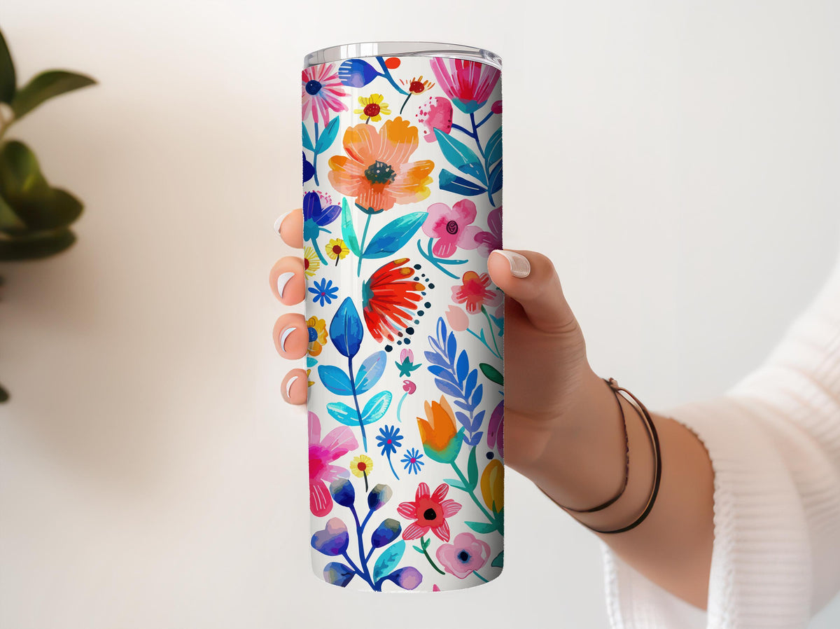 Watercolor Flowers Tumbler – Floral Stainless Steel Travel Cup – Summer Flowers Design Drinkware – Gift for He