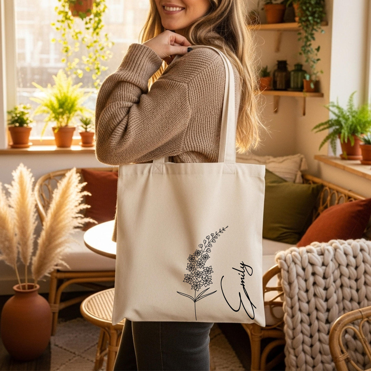 Birth Flower Tote Bag for Woman, Personalized Canvas Tote Bag for Her, Bachelorette Bridesmaid Gifts, Custom Birth Flower Canvas Bag
