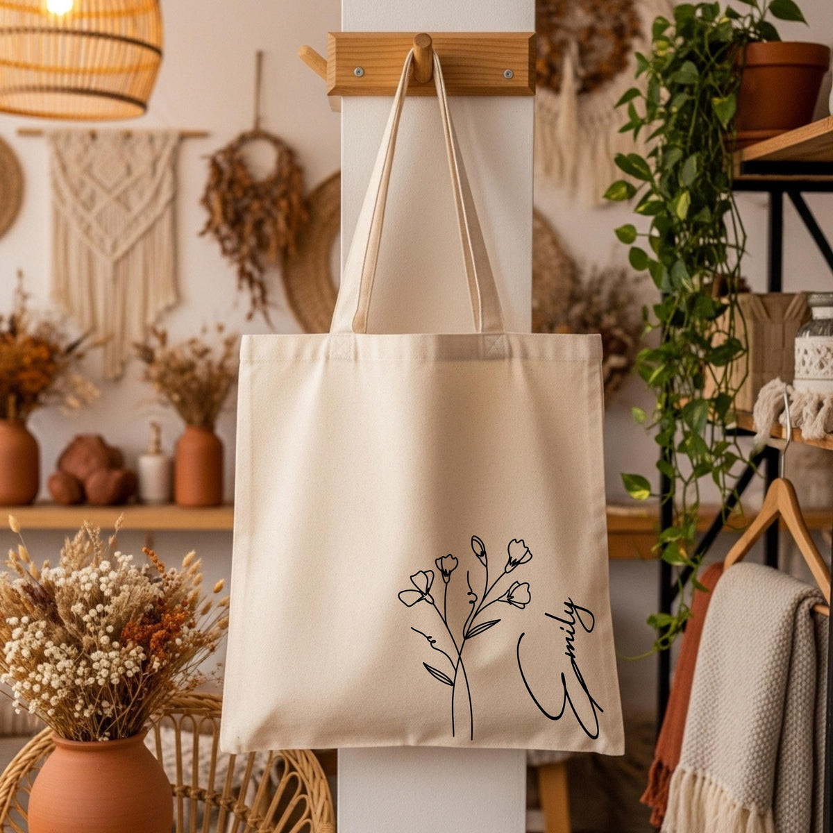 Birth Flower Tote Bag for Woman, Personalized Canvas Tote Bag for Her, Bachelorette Bridesmaid Gifts, Custom Birth Flower Canvas Bag