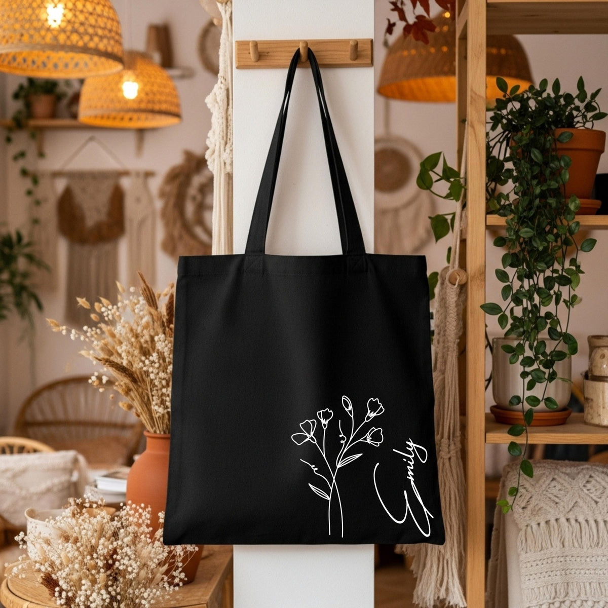 Birth Flower Tote Bag for Woman, Personalized Canvas Tote Bag for Her, Bachelorette Bridesmaid Gifts, Custom Birth Flower Canvas Bag