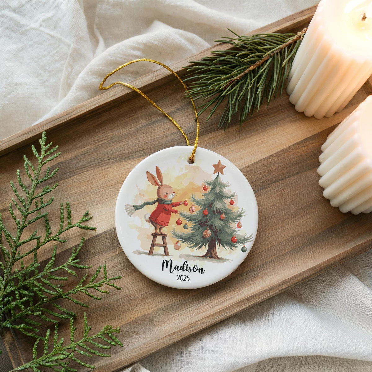 Personalized Bunny Christmas Ornament, Custom Ceramic Holiday Keepsake
