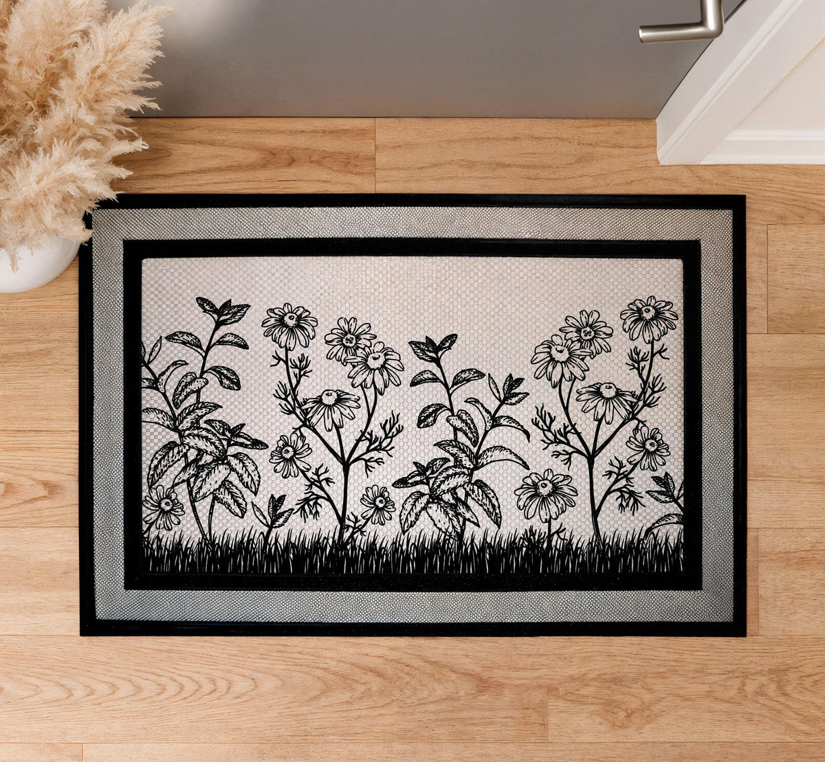 Black and White Daisy Welcome Mat, Wildflower Garden Doormat