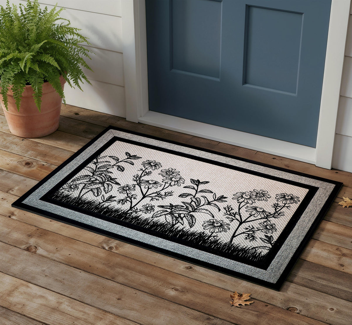 Black and White Daisy Welcome Mat, Wildflower Garden Doormat