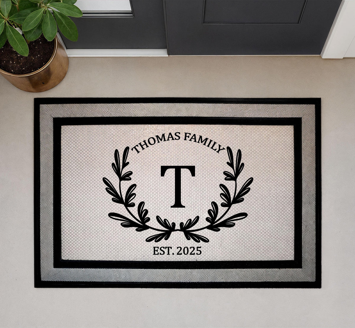 Custom Family Name & Initial Doormat, Personalized Monogram Wreath Welcome Mat