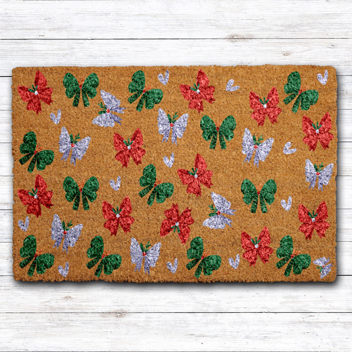 Christmas Wreath Bows Doormat, Holiday Ribbon Welcome Mat, Holiday Bow Pattern Door Mat
