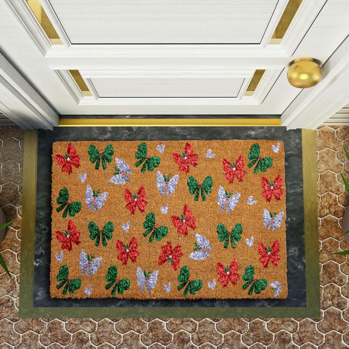 Christmas Wreath Bows Doormat, Holiday Ribbon Welcome Mat, Holiday Bow Pattern Door Mat