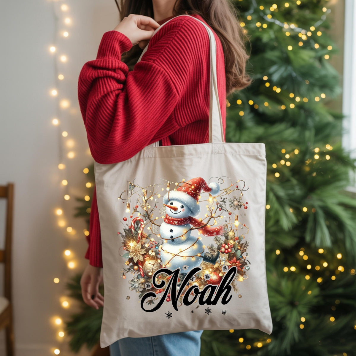 Personalized Christmas Family Matching Tote Bags, Custom Name Xmas Tote Bag Gifts, Customized Santa Snowman Penguin Reusable Canvas Bags