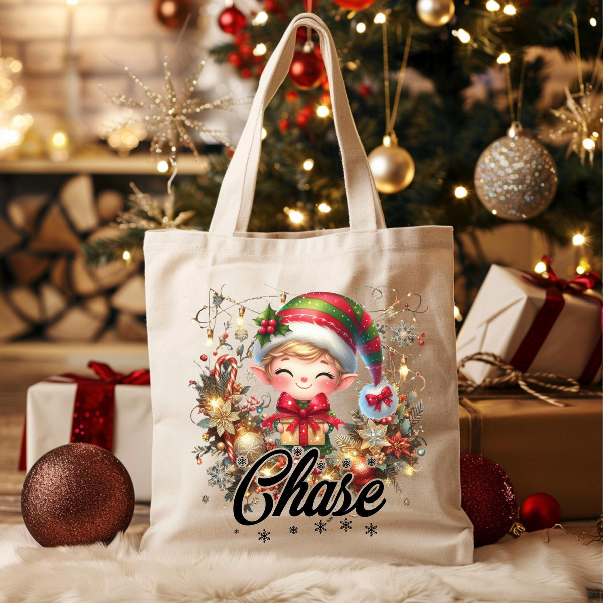 Personalized Christmas Family Matching Tote Bags, Custom Name Xmas Tote Bag Gifts, Customized Santa Snowman Penguin Reusable Canvas Bags