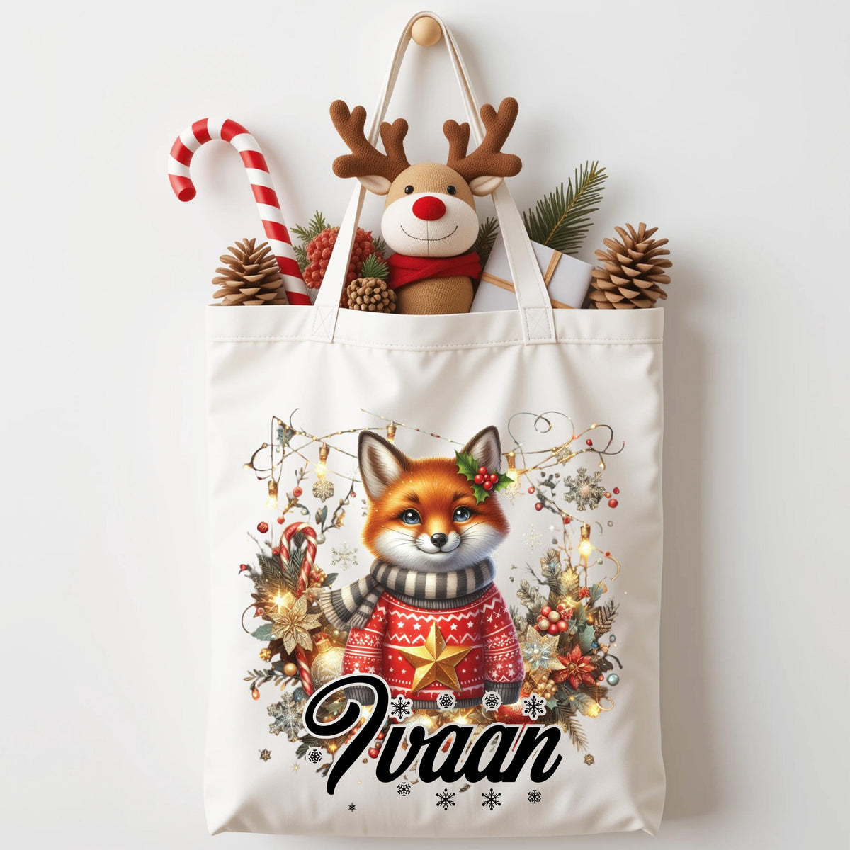 Personalized Christmas Family Matching Tote Bags, Custom Name Xmas Tote Bag Gifts, Customized Santa Snowman Penguin Reusable Canvas Bags