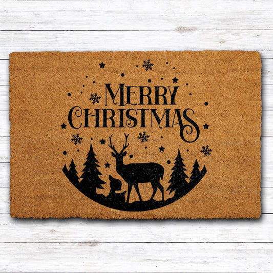 Merry Christmas Reindeer Doormat, Holly and Snowflakes Welcome Mat