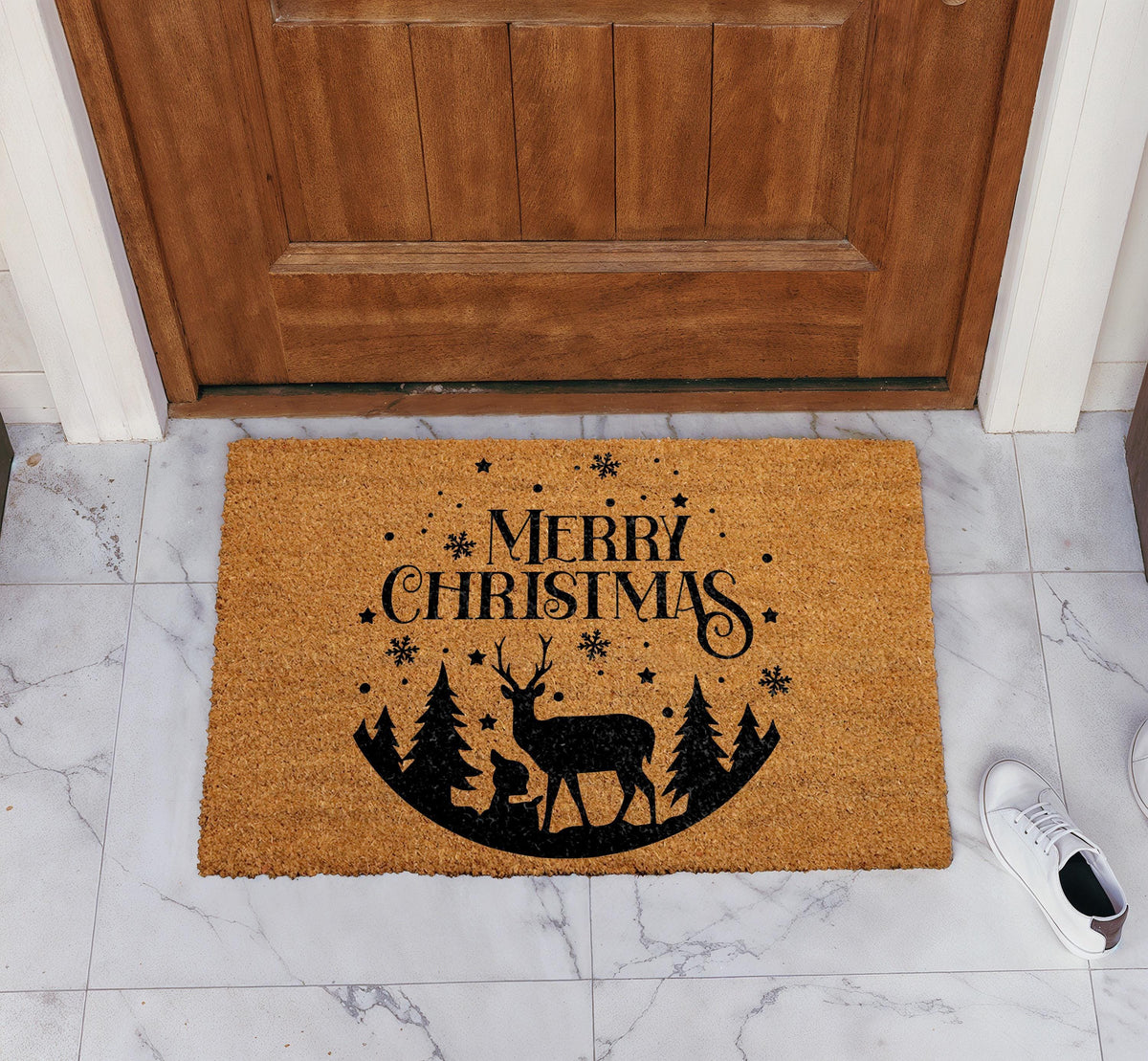 Merry Christmas Reindeer Doormat, Holly and Snowflakes Welcome Mat