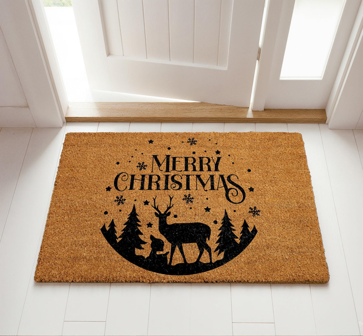 Merry Christmas Reindeer Doormat, Holly and Snowflakes Welcome Mat