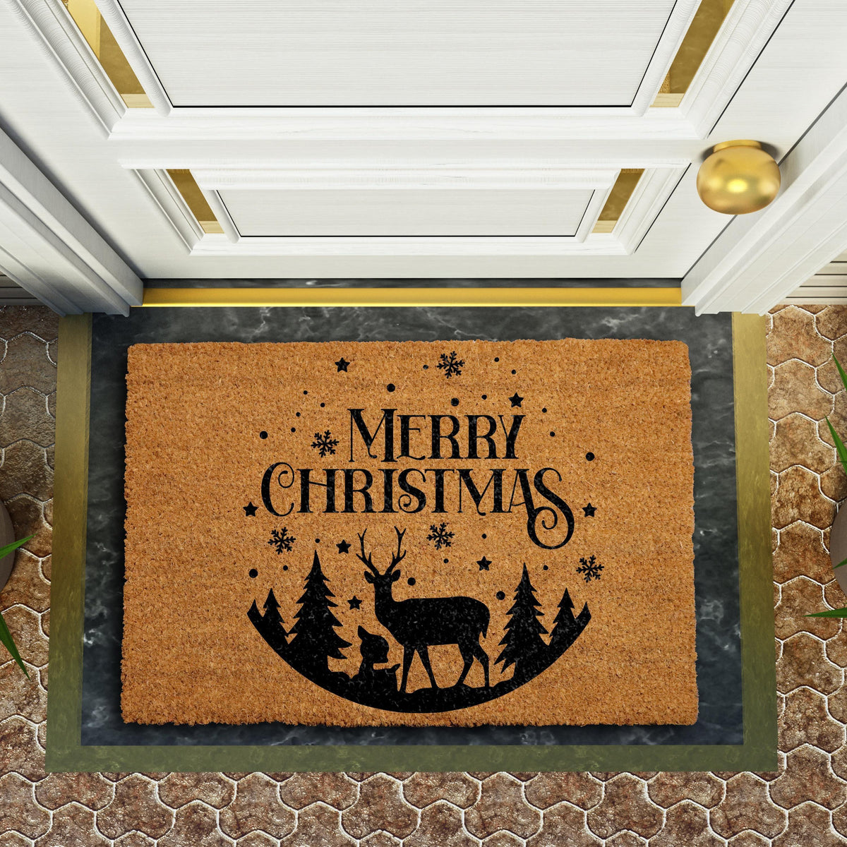 Merry Christmas Reindeer Doormat, Holly and Snowflakes Welcome Mat