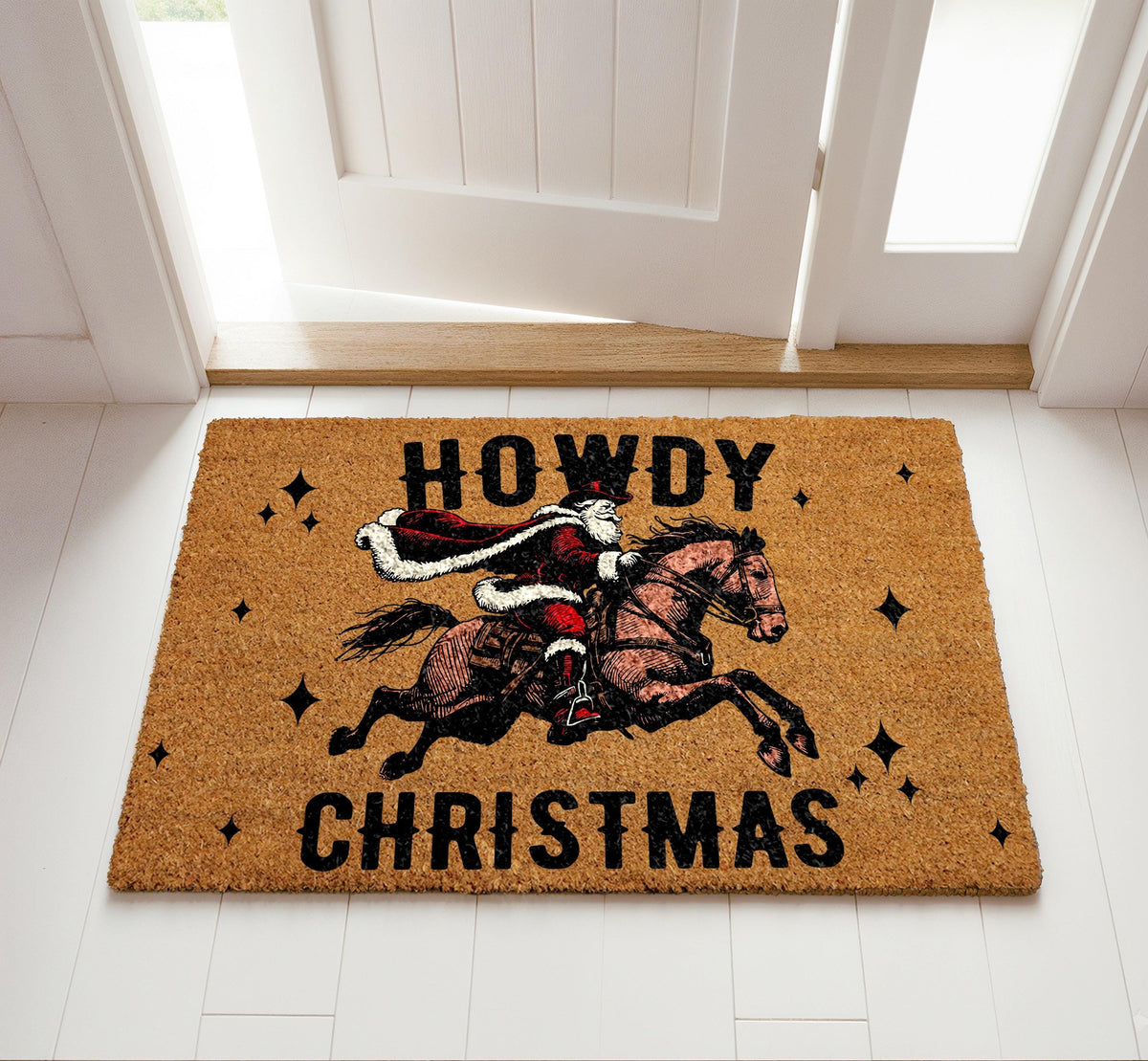 Howdy Christmas Doormat, Cowboy Santa Welcome Mat, Western Holiday Home Decor