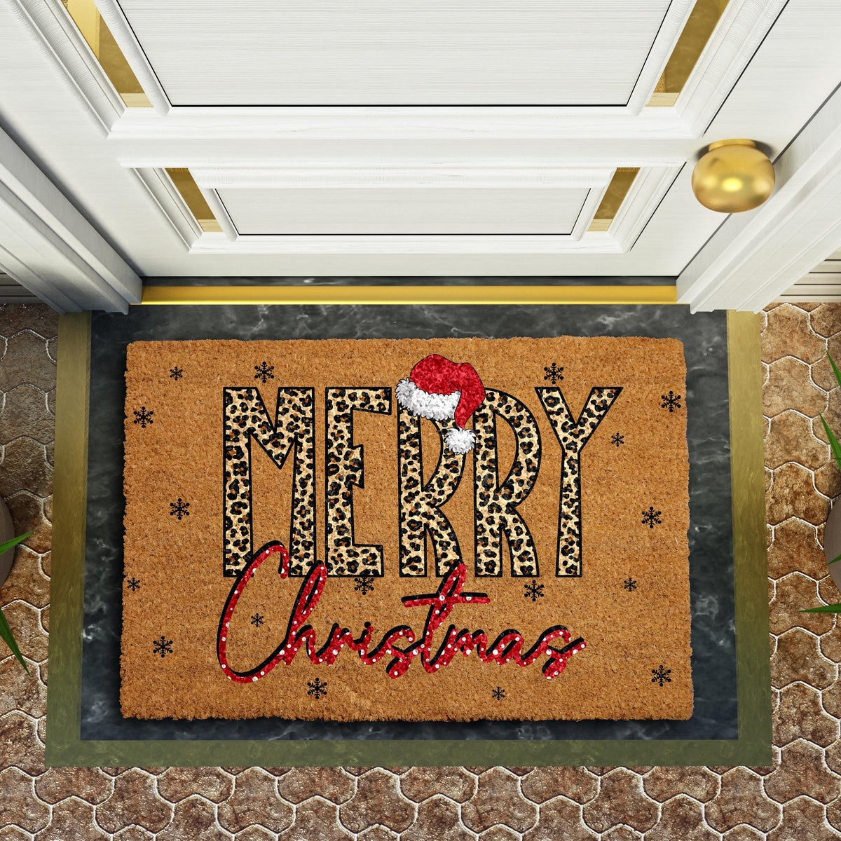 Leopard Print Merry Christmas Doormat, Santa Hat Holiday Welcome Mat, Xmas Festive Home Decor