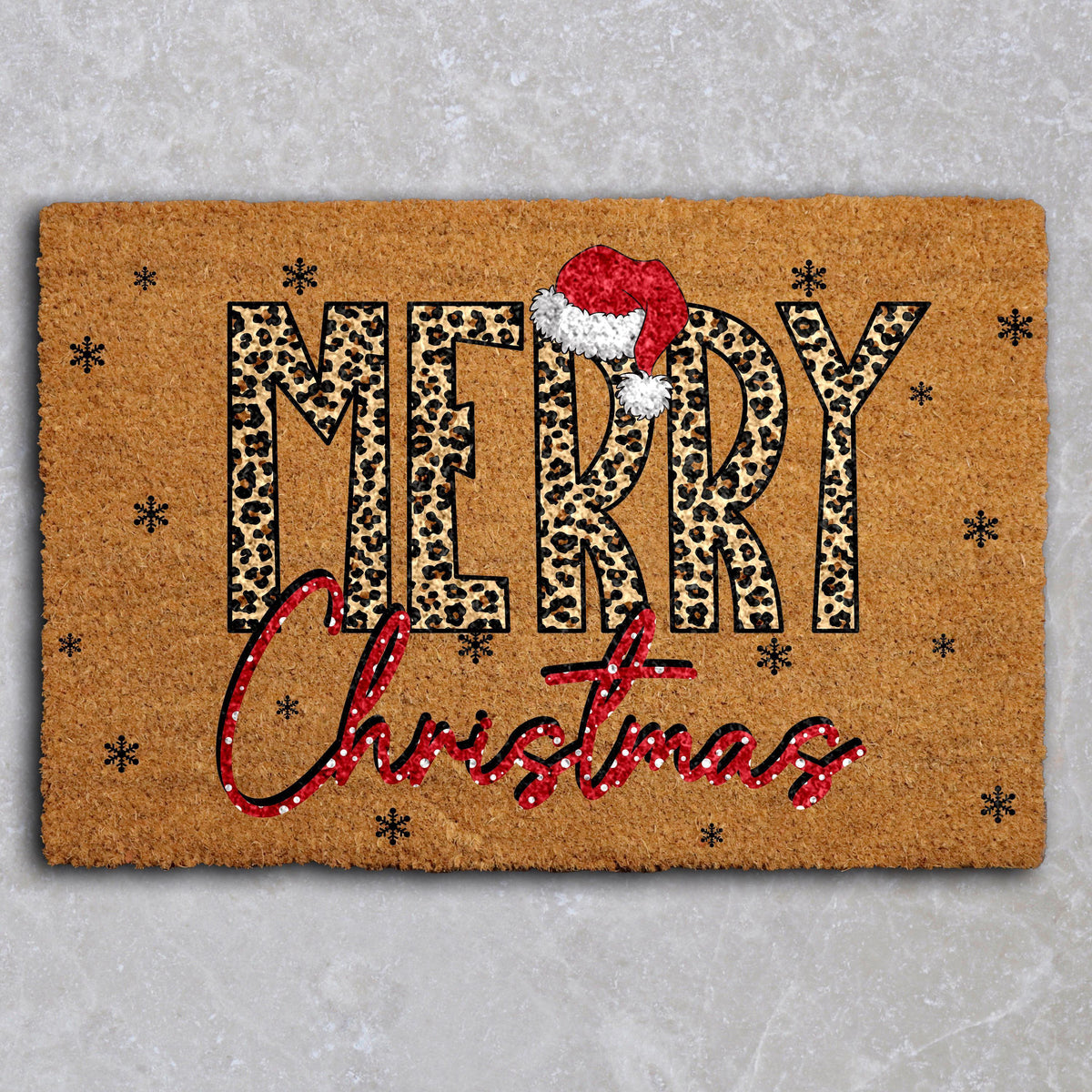 Leopard Print Merry Christmas Doormat, Santa Hat Holiday Welcome Mat, Xmas Festive Home Decor