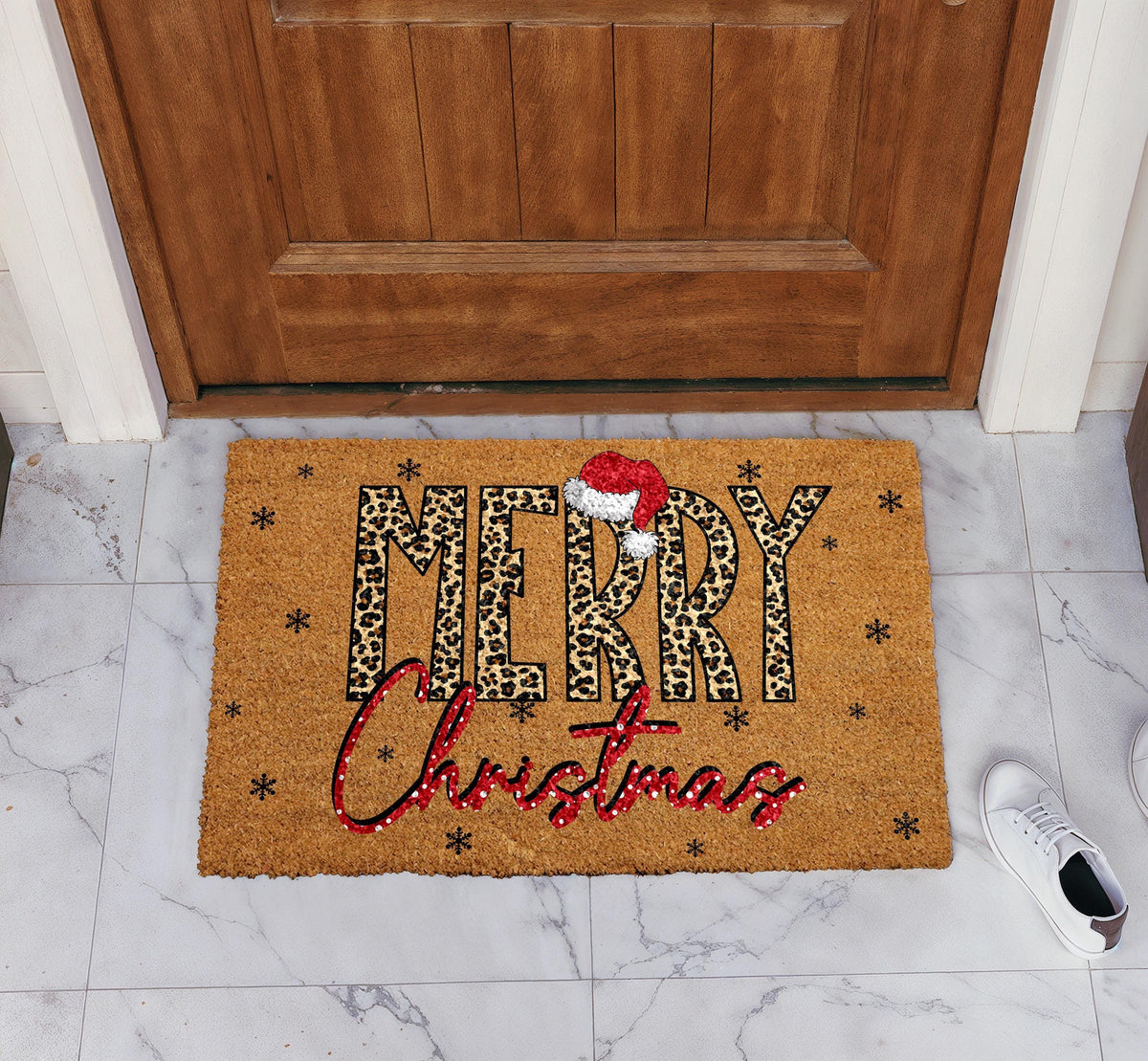 Leopard Print Merry Christmas Doormat, Santa Hat Holiday Welcome Mat, Xmas Festive Home Decor