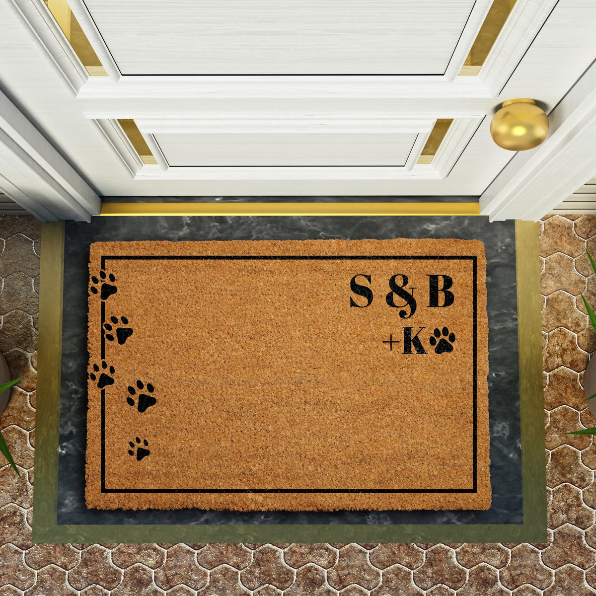 Custom Family & Pet Doormat, Personalized Initials and Paw Prints Welcome Mat
