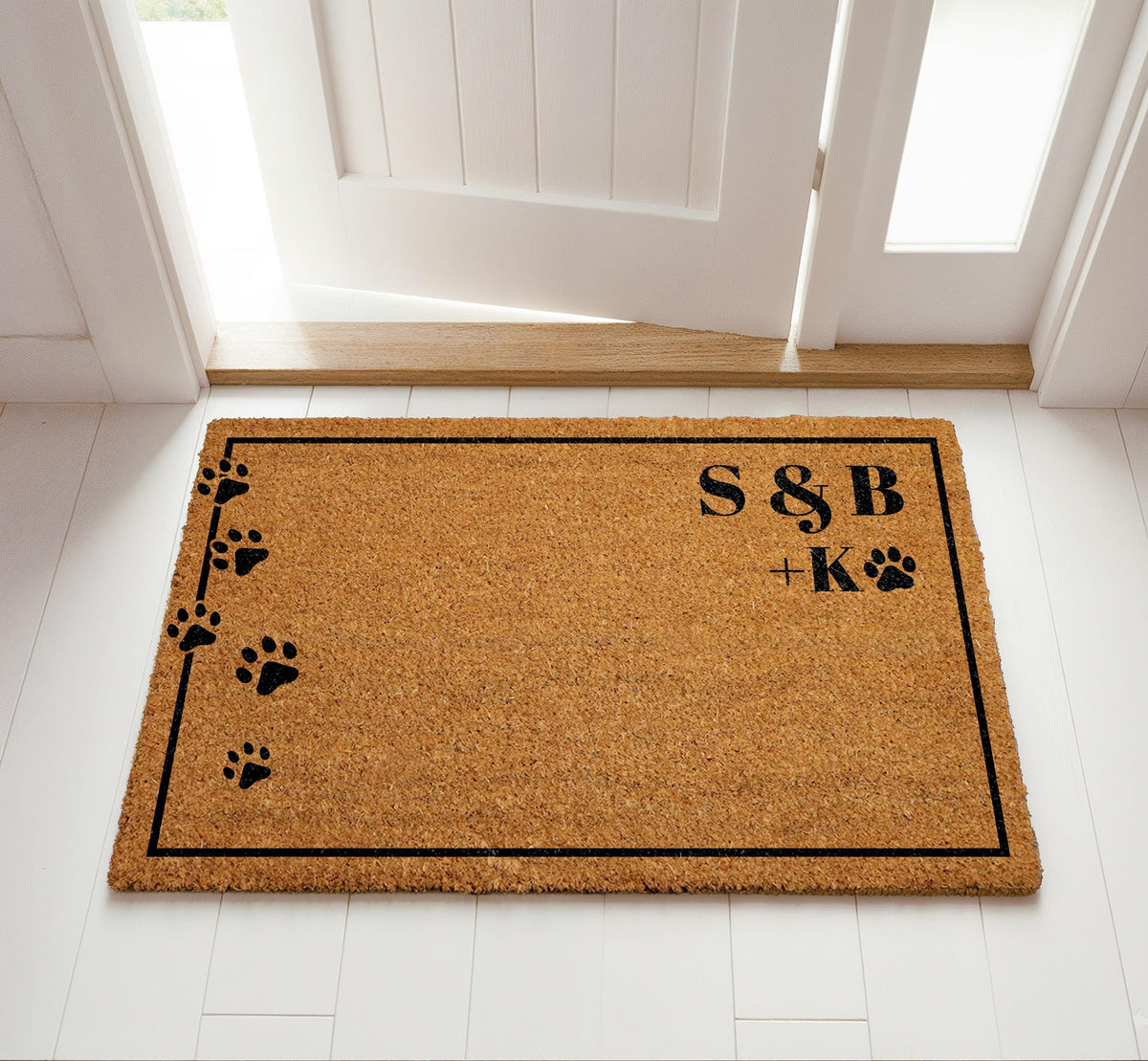 Custom Family & Pet Doormat, Personalized Initials and Paw Prints Welcome Mat