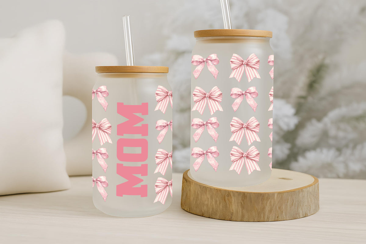 Pink Coquettes Bows Mom Can Glass Tumbler, Cute Mother's Day Gift, Mom's Iced Coffee Cup