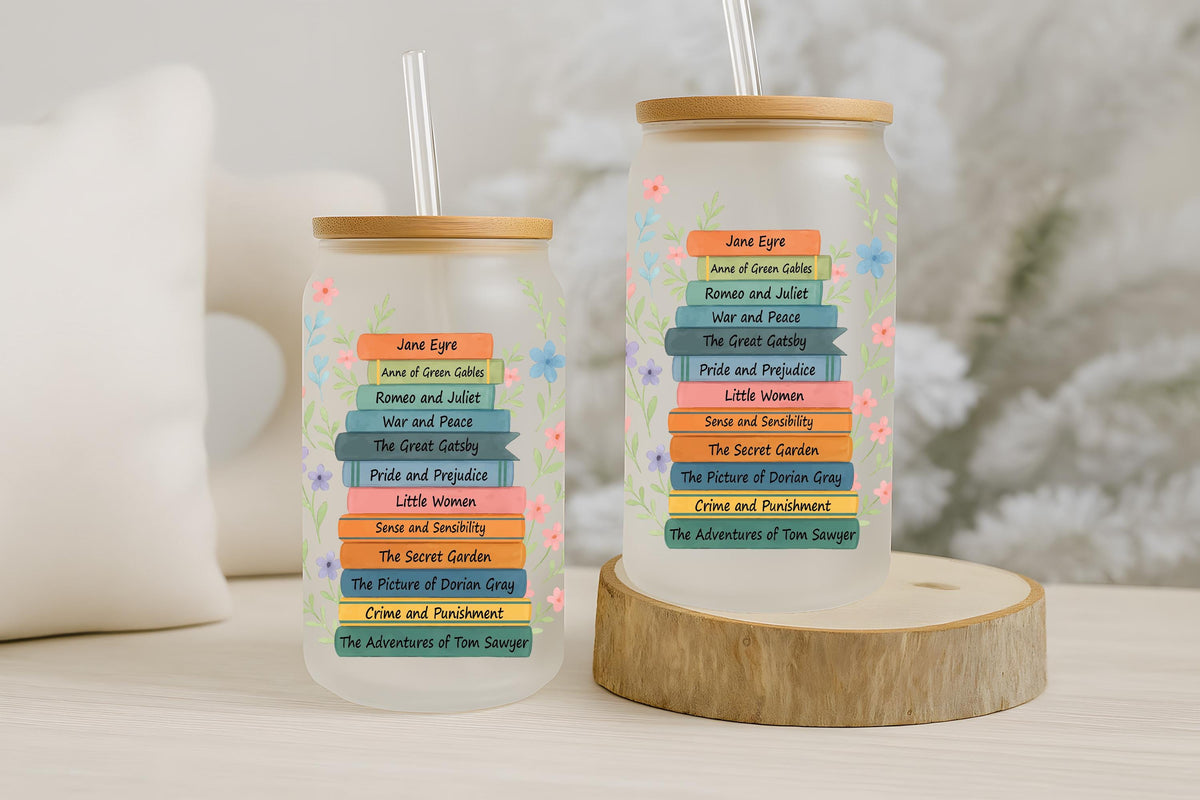 Classic Books Stack Design Can Glass Tumbler, Floral Book Lover Gift Cup