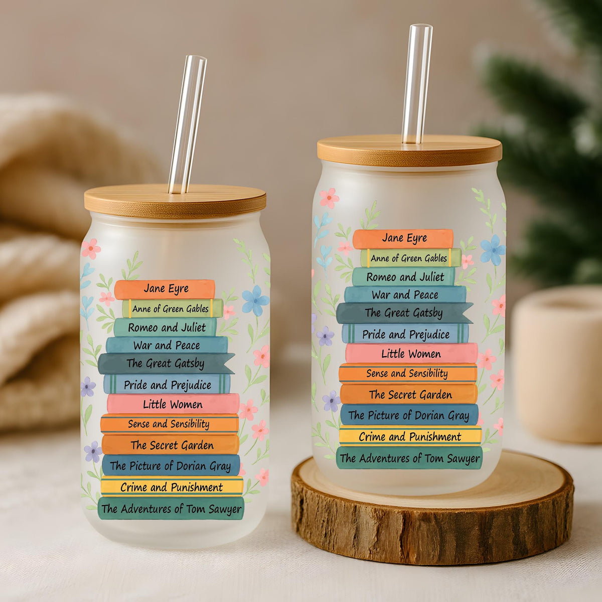 Classic Books Stack Design Can Glass Tumbler, Floral Book Lover Gift Cup
