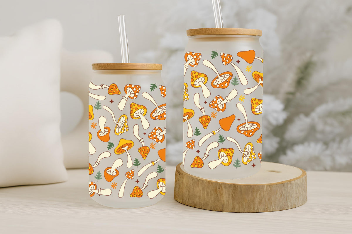 Vibrant Orange Color Mushrooms Pattern Can Glass Cup, Boho Aesthetic Bamboo Lid Tumbler