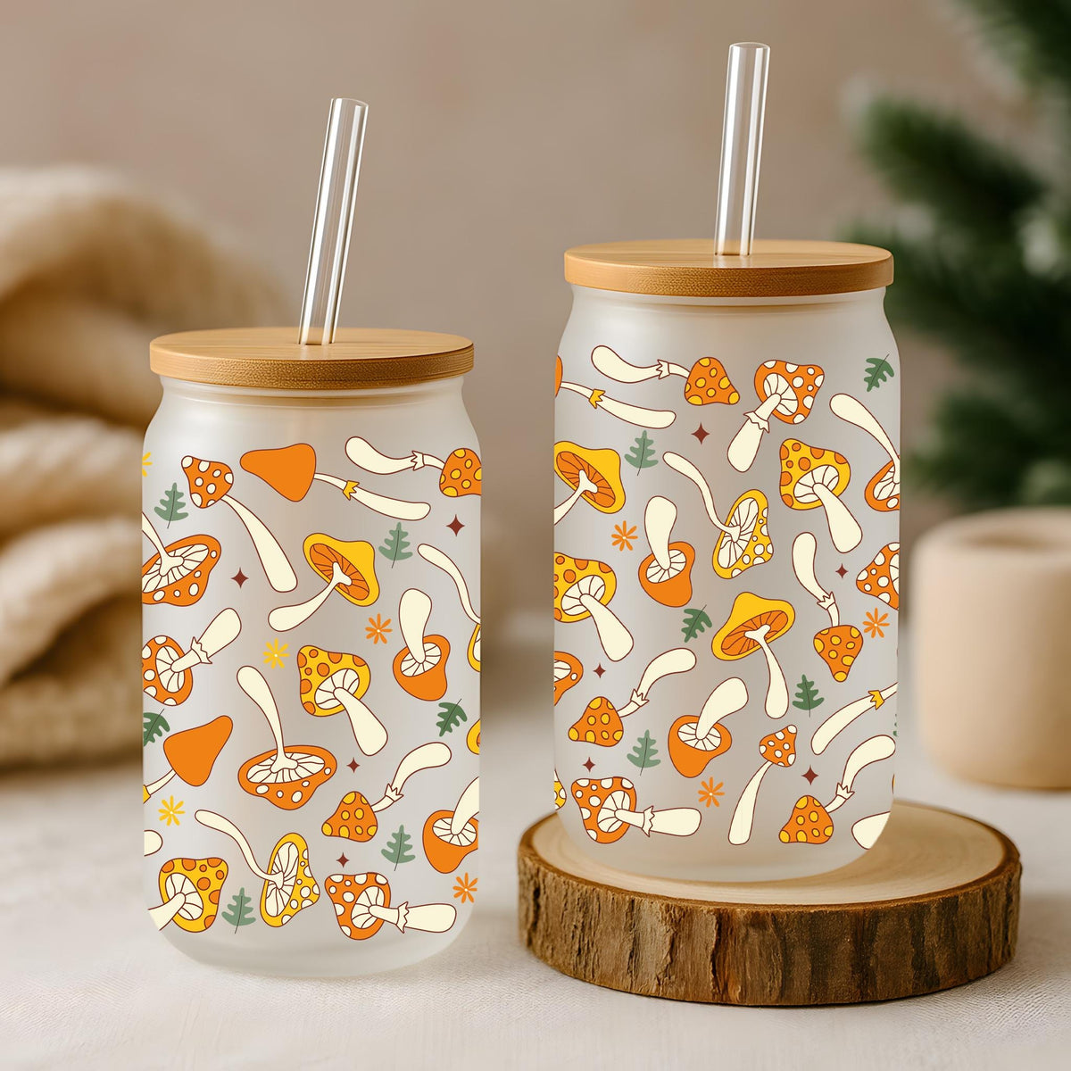 Vibrant Orange Color Mushrooms Pattern Can Glass Cup, Boho Aesthetic Bamboo Lid Tumbler