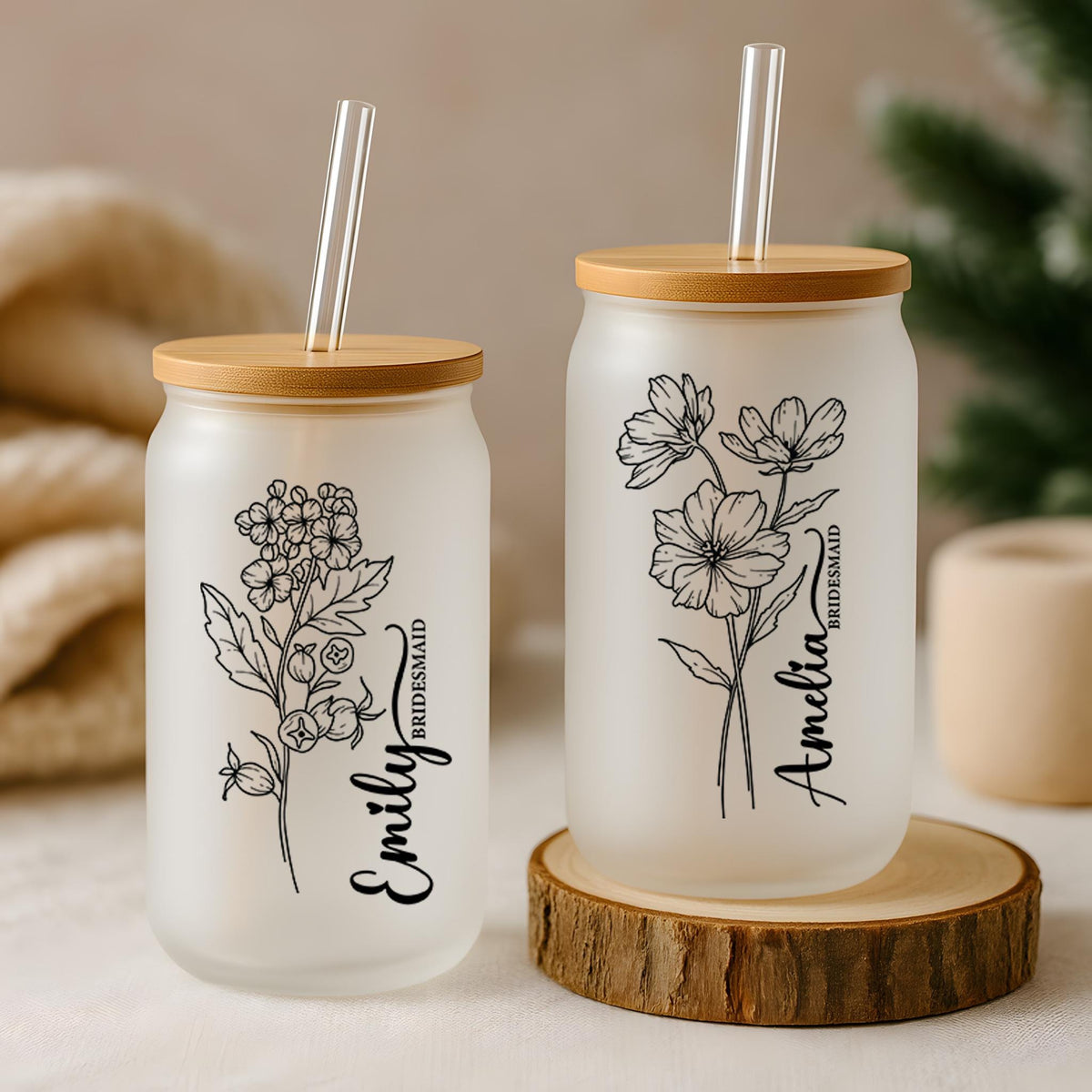 Custom Name Birth Flower Can Glass Tumbler, Floral Bridesmaids Gift