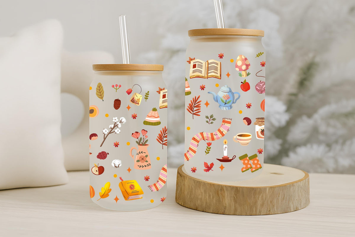 Cozy Fall Aesthetic Can Glass Tumbler, Autumn Vibes Bamboo Lid Cup