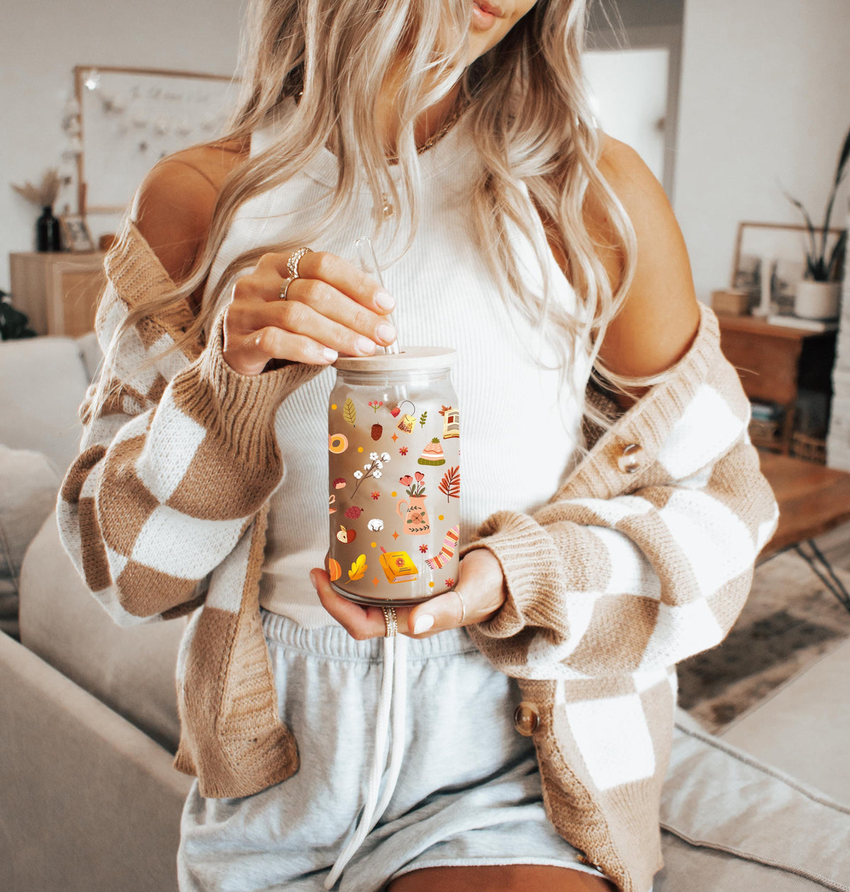 Cozy Fall Aesthetic Can Glass Tumbler, Autumn Vibes Bamboo Lid Cup
