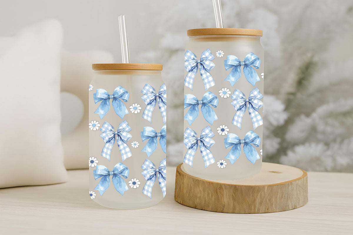 Blue Bows Pattern Can Glass Tumbler, Gingham Design Coquettes And Daisy Print Iced Coffee Cup