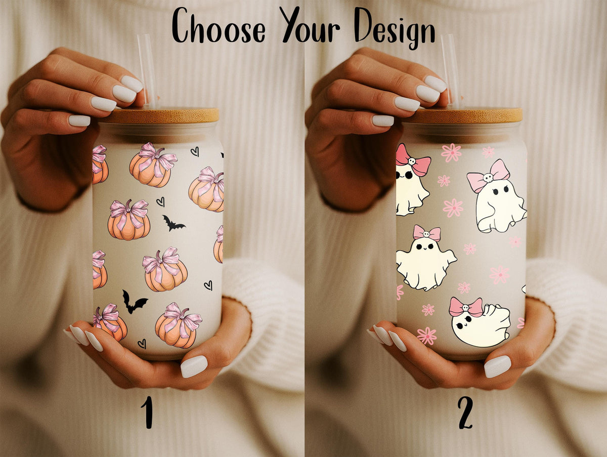 Cute Ghost And Pumpkin With Coquette Design Can Glass Tumbler, Halloween Party Drinkwares