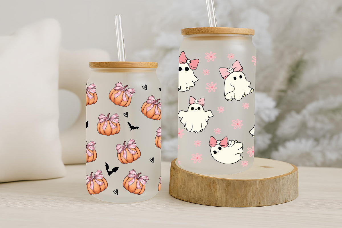 Cute Ghost And Pumpkin With Coquette Design Can Glass Tumbler, Halloween Party Drinkwares