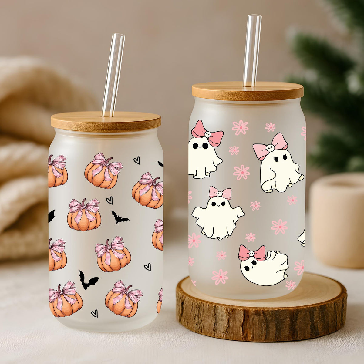 Cute Ghost And Pumpkin With Coquette Design Can Glass Tumbler, Halloween Party Drinkwares