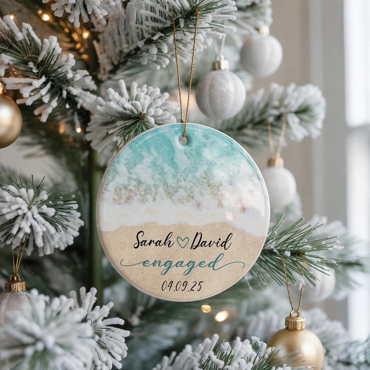 Personalized Engagement Ceramic Ornament, Coastal Wedding Gift