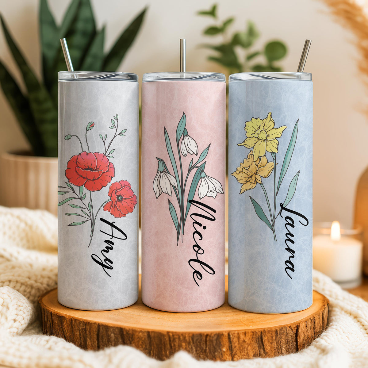 Personalized Birth Month Flower Design Tumbler With Straw, Aesthetic Birthday Party Gift