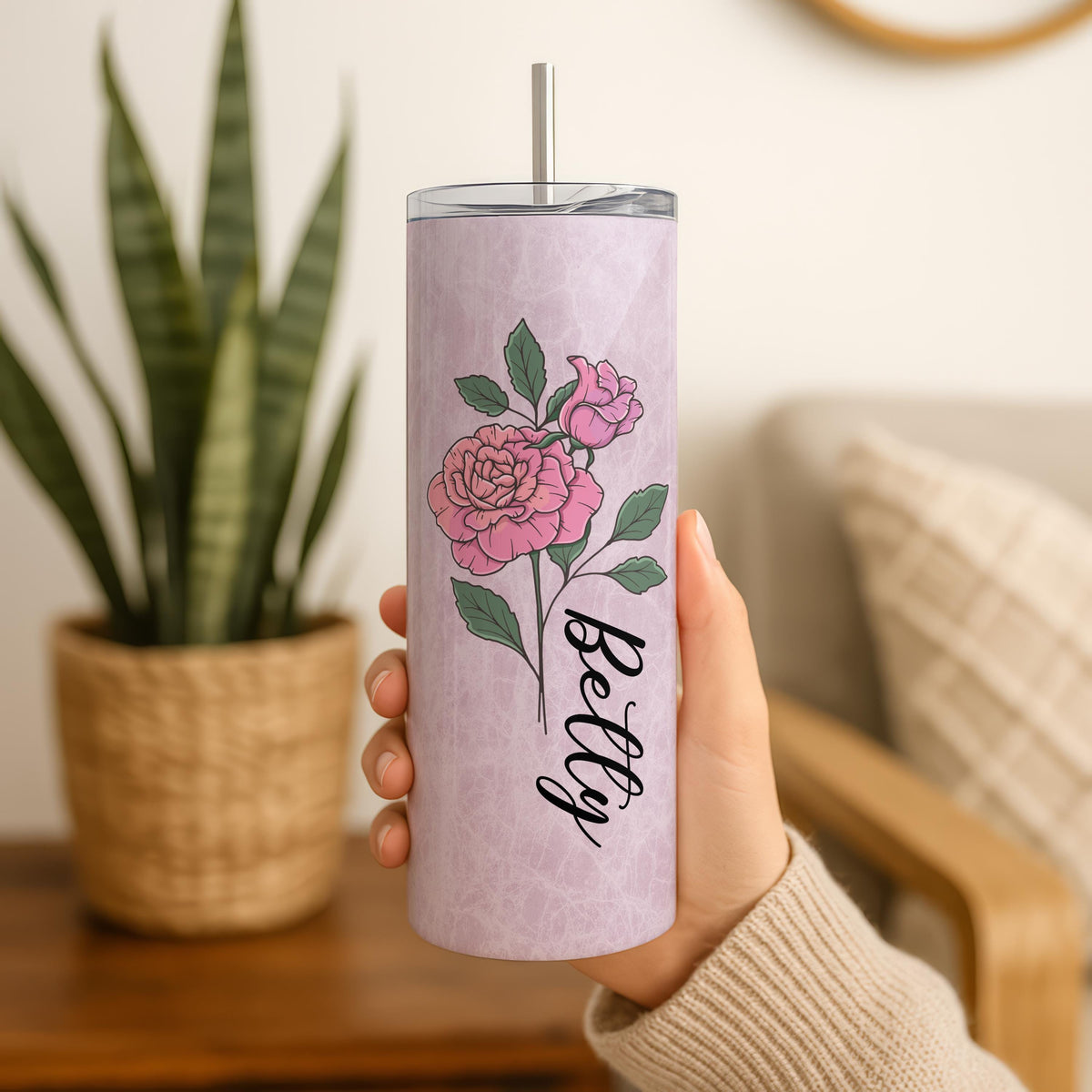 Personalized Birth Month Flower Design Tumbler With Straw, Aesthetic Birthday Party Gift