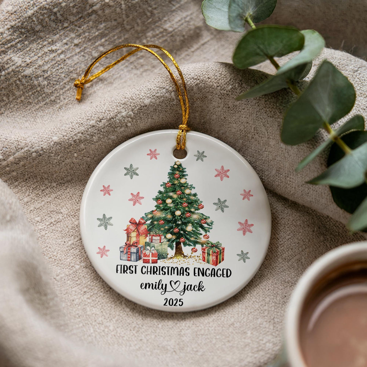 First Christmas Engaged Ornament, Personalized Ceramic Keepsake