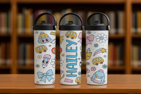 Personalized Floral School Tumbler For Kids, Cute Back To School Tumbler With Foldable Straw