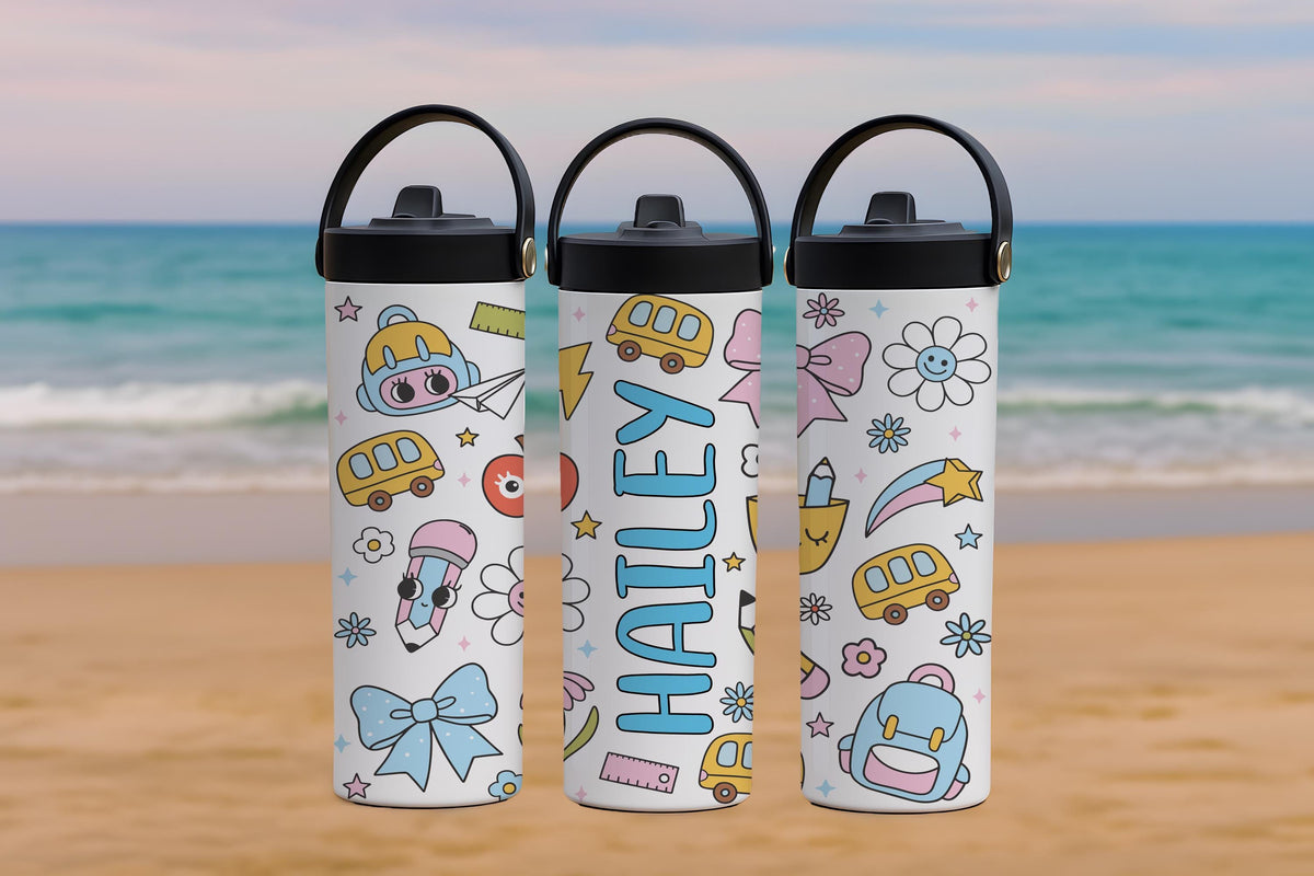 Personalized Floral School Tumbler For Kids, Cute Back To School Tumbler With Foldable Straw