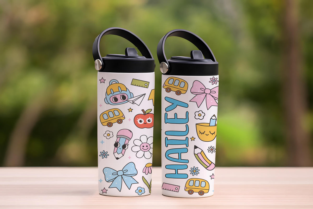 Personalized Floral School Tumbler For Kids, Cute Back To School Tumbler With Foldable Straw