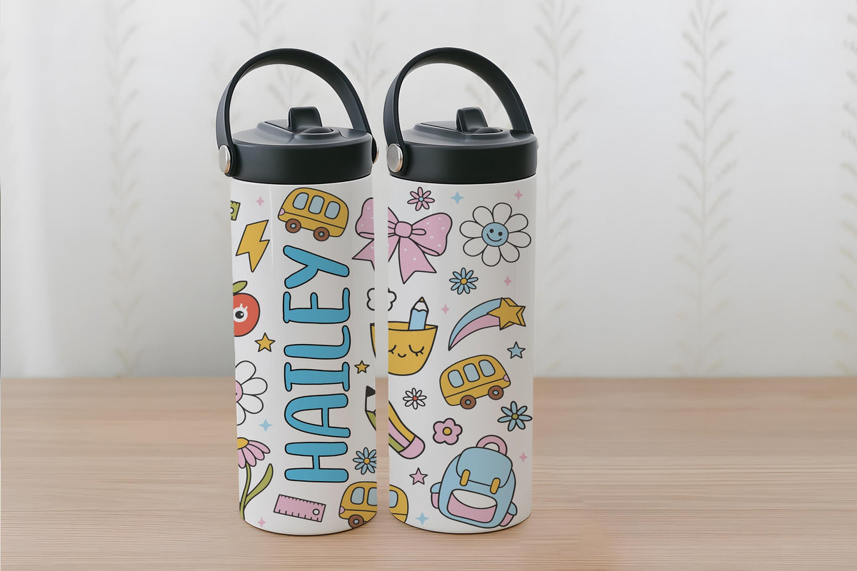Personalized Floral School Tumbler For Kids, Cute Back To School Tumbler With Foldable Straw