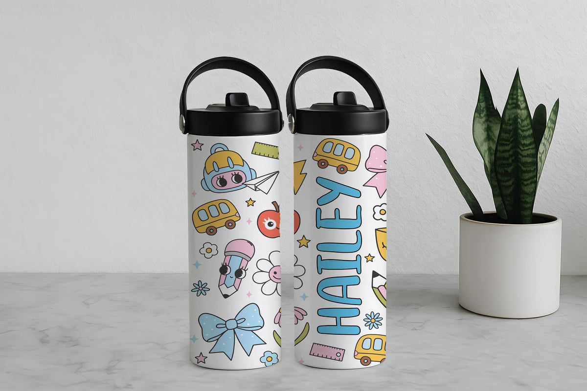 Personalized Floral School Tumbler For Kids, Cute Back To School Tumbler With Foldable Straw